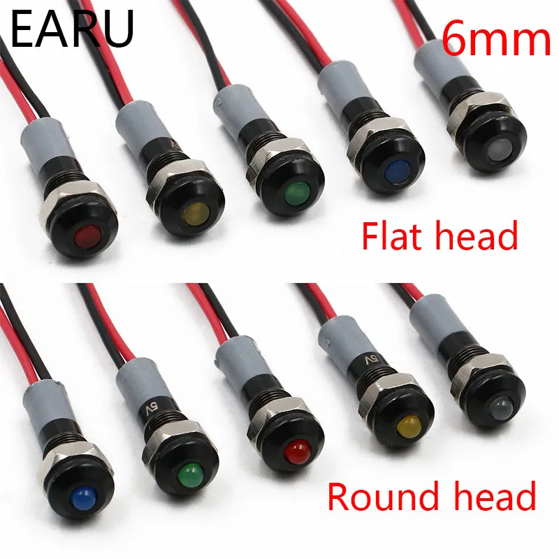 Black Body 6mm Waterproof IP67 Metal LED Warning Indicator Light Signal Lamp Pilot Wire Roud Flat 5V 12V 24V 110V 220V Red Blue |