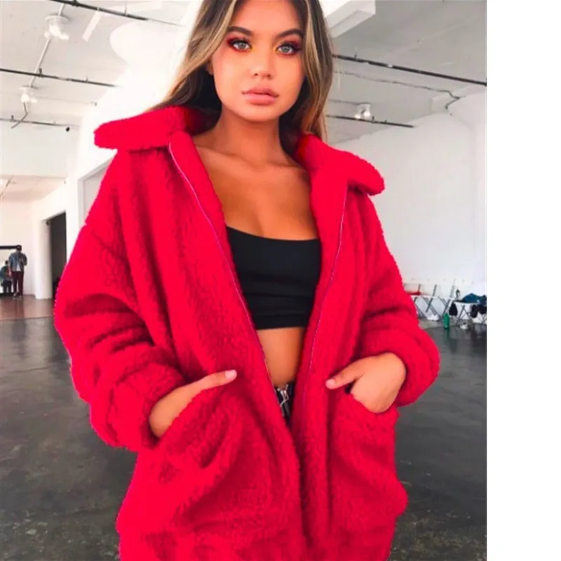 

Winter Plus Size Fashion Zipper Jacket Woman Turndown Collar Loose Coat With Pockets Abrigos Mujer Invierno 2019 Wool Blends Ez*