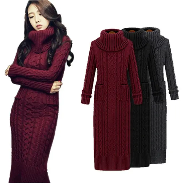 Women Winter Knit Dresses Long Sleeve Turtleneck Casual Slim Warm cable