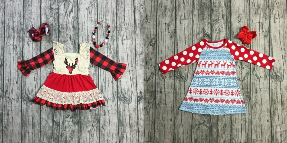 

Christmas winter baby girls cotton plaid Aztec reindeer dress ruffle children clothes boutique outfits white match accessories