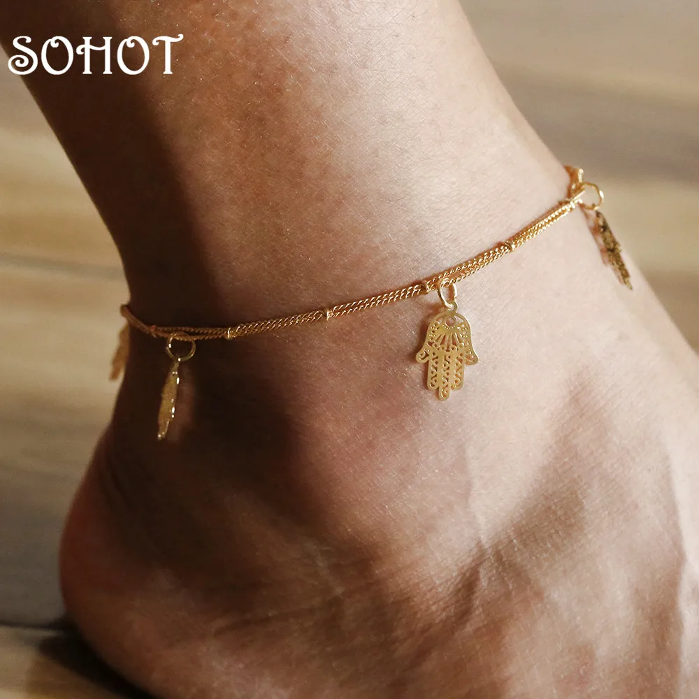 SOHOT New Arrived temperament Double Layer Anklets Hollow Hamsa Hand Pendant Charm Gold Color Bell Accessories For Women Bijoux SOHOT New Arrived temperament Double Layer Anklets Hollow Hamsa Hand Pendant Charm Gold Color Bell Accessories For Women Bijoux