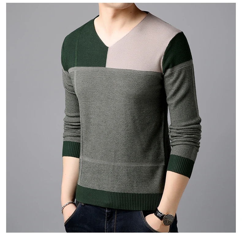 Новинка, осенне-зимняя модная брендовая одежда, пуловер и свитеры для мужчин, v-образный вырез, дышащий, облегающий, контрастные цвета, свитера для мужчин