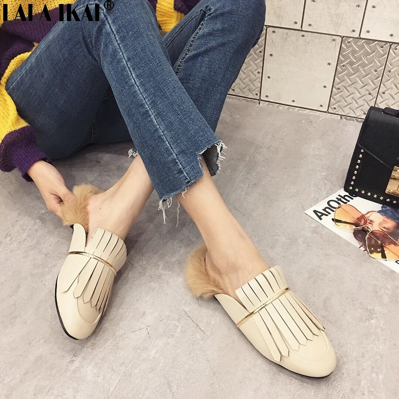 LALA IKAI Women Winter Flats Round Toe Solid Color Fringe Design Metal