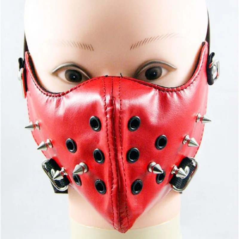 Women female fashion trendsetter mask rivet punk rock Red Leahter face