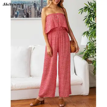 

Summer Jumpsuit Women Polka Dot Rompers Boho Straoless Top Wide Leg Pant Female Loose Long Playsuit 2019 Beach Ladies Jumpsuits