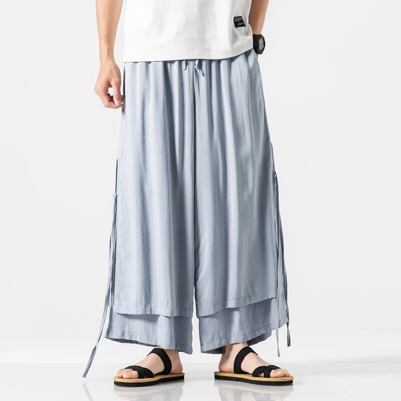 

MRDONOO Cotton Linen Lightweight Thin Men's Trousers Chinese Style Loose Wide Leg Full Length Pants Casual Cross-Pants QT713-K68
