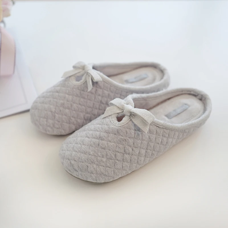 

Bowtie Winter Women Home Slippers For Indoor Bedroom House Soft Bottom Cotton Warm Shoes Adult Guests Flats