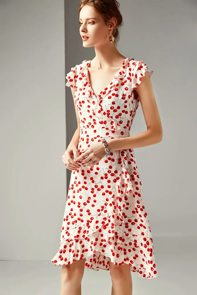 Леди Милан женские 100 шелковые подиумные платья с v-образным вырезом Короткие рукава, оборки с цветочным принтом модные платья