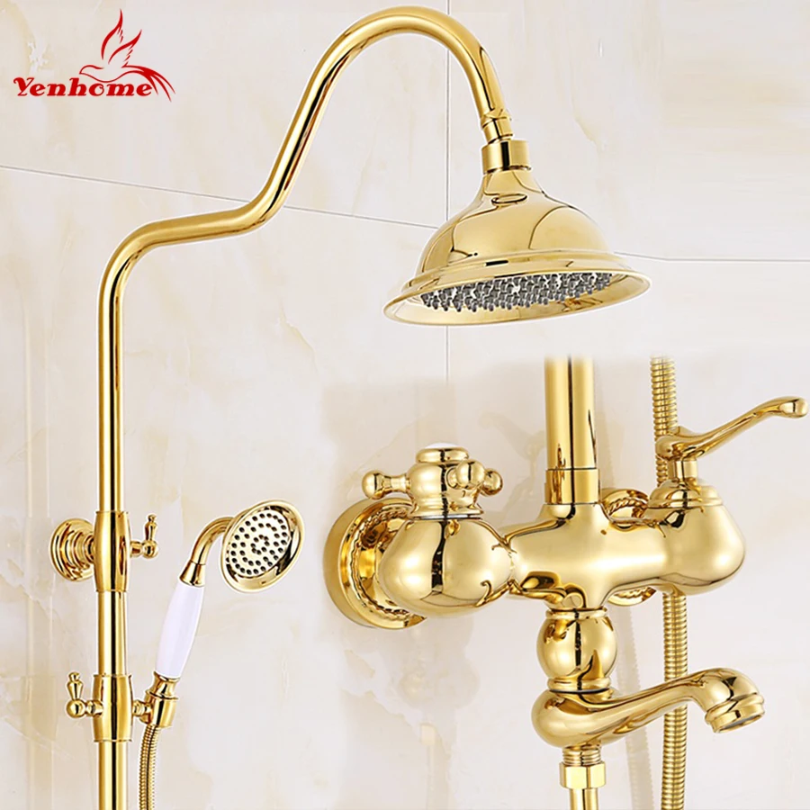 luxury gold cristallo ceramica retro in ottone massiccio bagno doccia set rubinetto a parete doppia maniglia