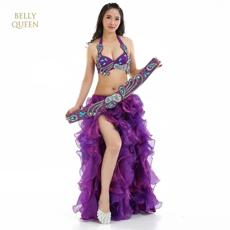 2018 New Women Belly Dance Costumes BlueWhitePurple 3PCS(Bra+Skirts+Belt) Saia Vestido Indiano Fan Dance Party Dress (2)