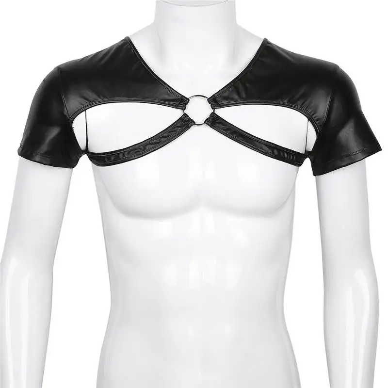 FEESHOW Black Faux Leather Harness Shoulder Bondage Belt Mens Half Tank Top Clubwear Male Stage Costume Crop Tops Chest Bdsm Men -Zentai shop online