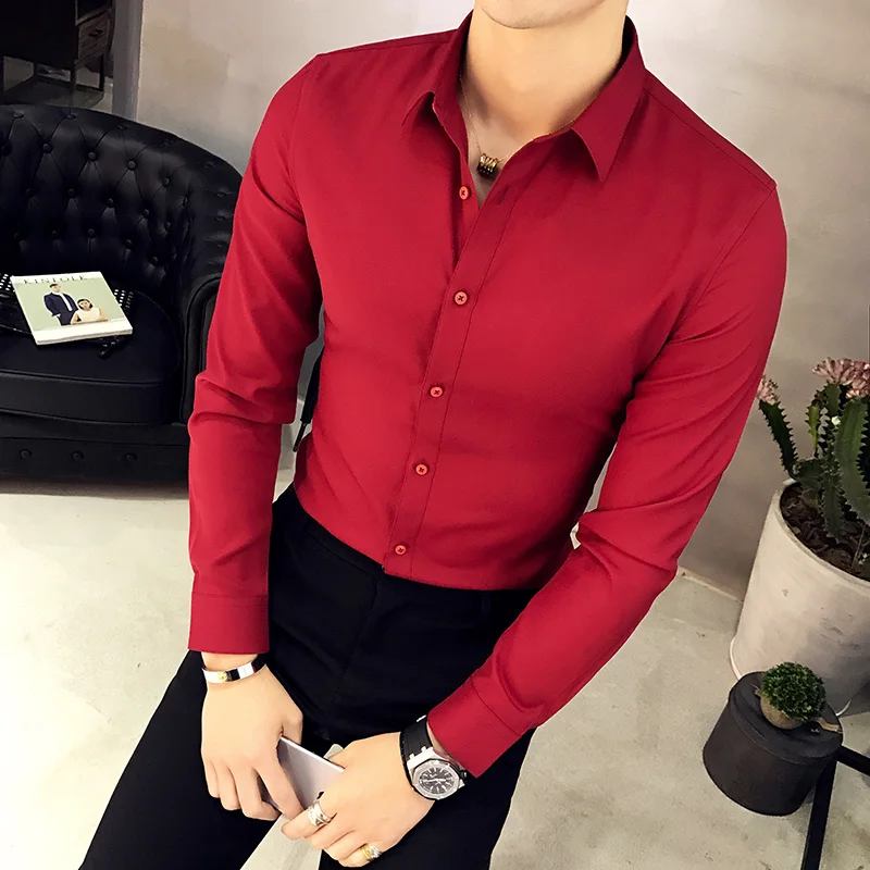 

Men's Long-sleeve Oxford Dress Shirts Slim-fit Solid Color Male Business Casual Korean Version Office Wear in Men's Shirt