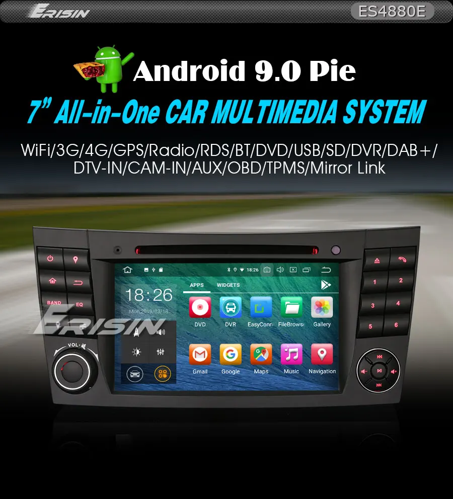 Perfect Erisin ES4880E 7" Car Stereo GPS Android 9.0 DAB+ 4G Wifi TPMS DVR for Benz G/CLS/E-Class W209 W211 0