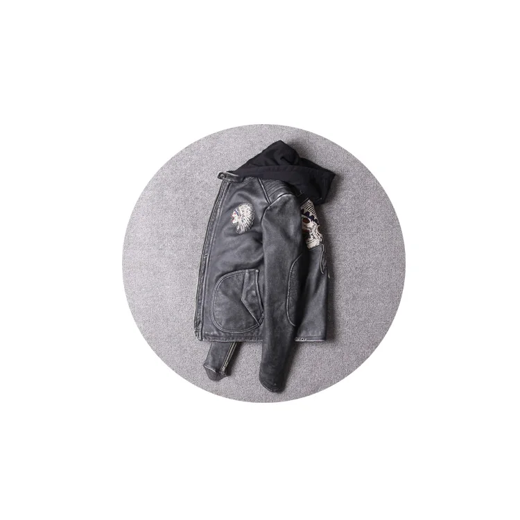 Индивидуальный дизайн индийский узор Стенд воротник с капюшоном кожаная куртка мужская мотоциклетная куртка винтажная коровья кожаная куртка
