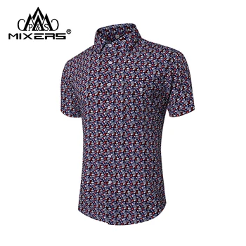 

2018 Cotton Bamboo Fiber Men Shirt Short Sleeve Summer Casual Hawaiian Shirt Floral Print Stretch Dress Shirt