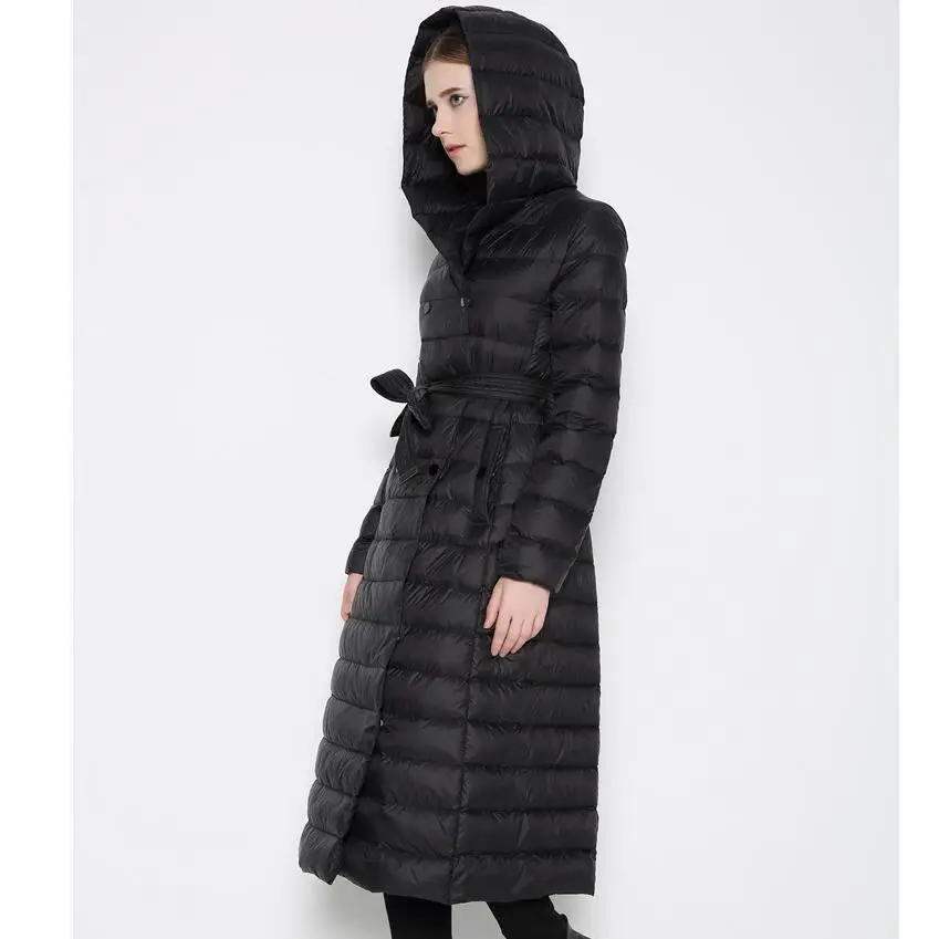 Утка Подпушка куртка Для женщин двубортный Стеганое пальто больше плюс Размеры тонкий Подпушка женский с капюшоном выше колена куртка Подпушка jacketxxl - Цвет: Черный