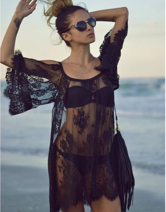 

Women 2016 Crochet Beach Cover Up Dresses robe de plage Sexy Strap Sheer Floral Lace Embroidered Beach Wear Bodysuit