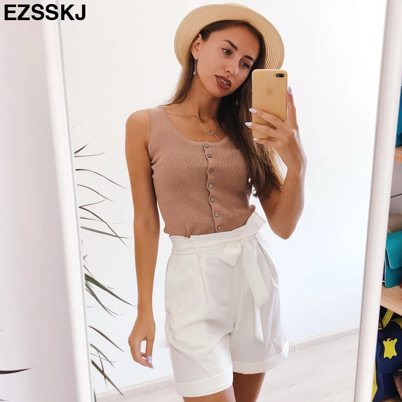 

cropped tank Tops Knit 2018 Sexy Single-breasted Sleeveless Slim O-Neck Fashion Women Stretch white black button Casual Tops