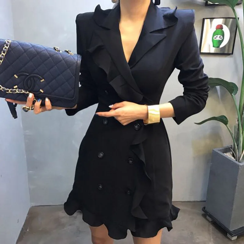 

2019 autumn new women's jacket suit Ruffled chiffon OL temperament slim slimming white collar suit dress Preppy Style fashion un