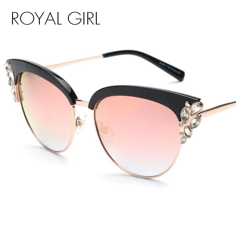 ROYAL GIRL Exaggeration Cat Eye Sunglasses Women Brand Designer Half Frame Diamante Sun Glasses Summer Style