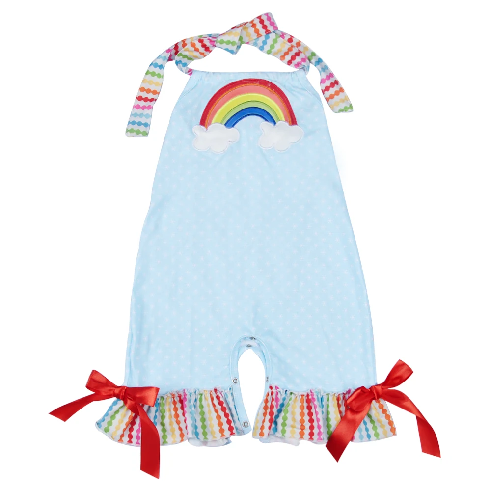 New Arrival Embroidery Rainbow Baby Romper Clothes Blue Striped Ruffle