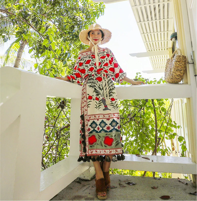 FECCER boho платье цветочный принт сексуальные с открытыми плечами летние платья с разрезом сбоку Кисточкой Бахрома Край женские платья vestidos