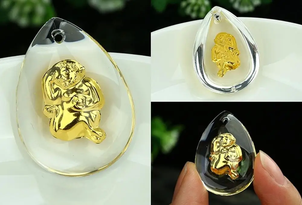 Изысканная Подвеска из желтого золота 24 к и кристаллов для мужчин и женщин, китайский кристалл зодиака, подвеска 30*20 мм - Цвет камня: Monkey