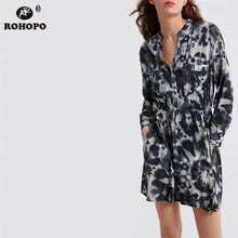 ROHOPO Women Autumn Vintage Tunic Dress tie dye Long Sleeve Elastic Waist Pleated Hem Retro Vestido Top Buttons Dress #AZ9229 long sleeve tie dye dress
