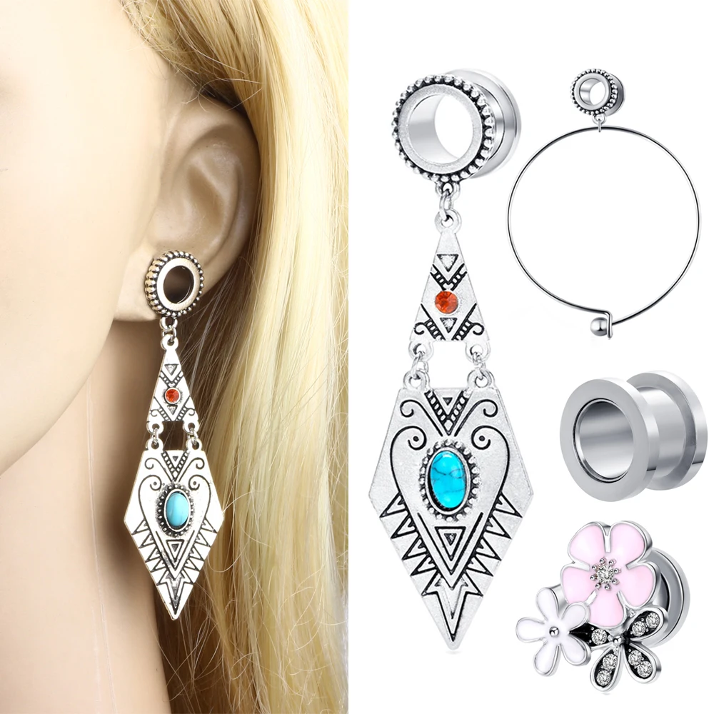 JUNLOWPY Surgical Steel Ear Tunnels Large Hoop Flower Earring Plugs