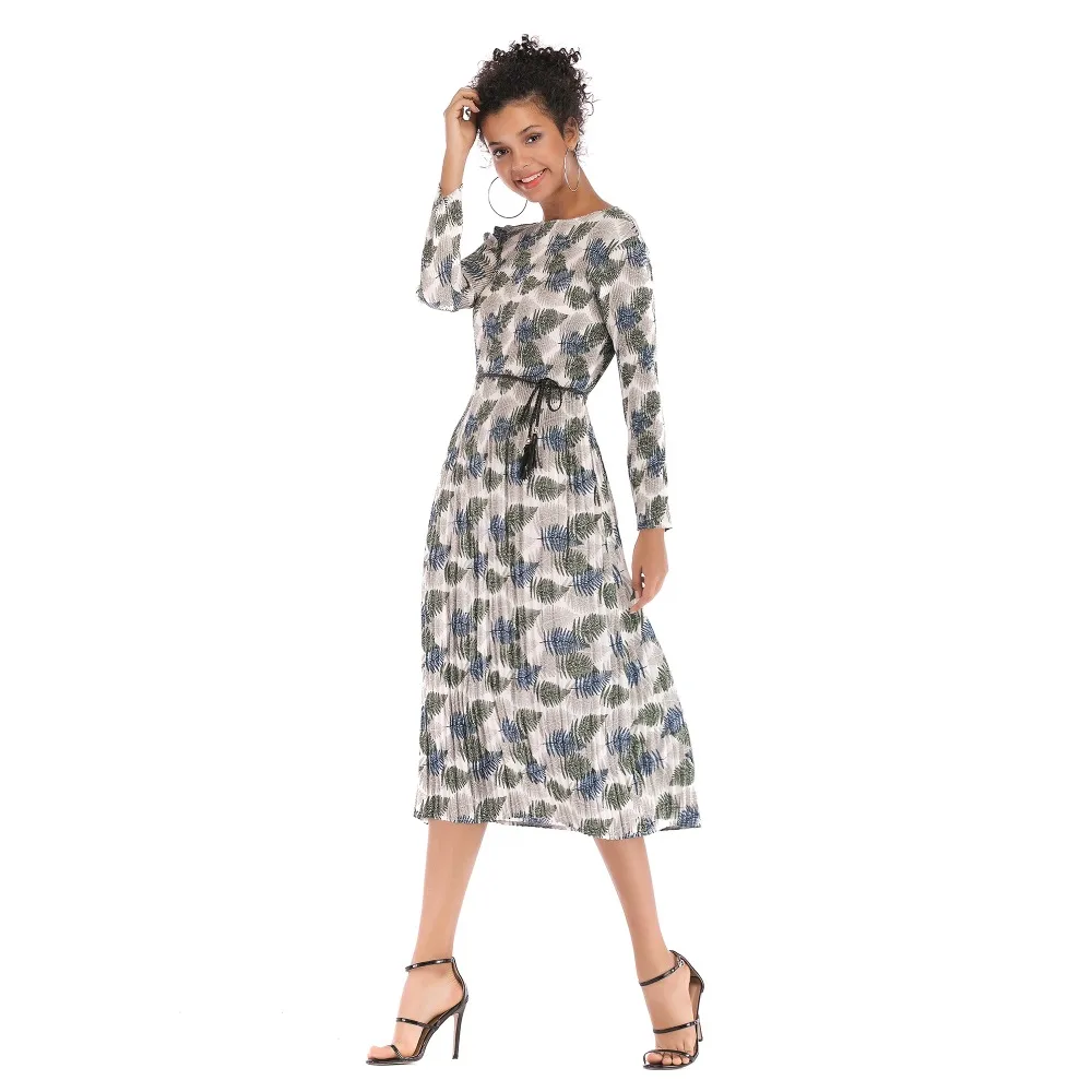 Spring Summer Dress 2019 Casual Long Dress Boho Floral Print Maxi Dress Fashion pleated O-neck slim long-sleeved chiffon dress