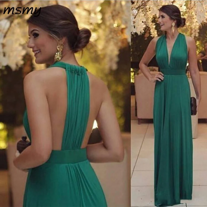 2017 Sexy Green A Line Deep V Neck Prom Dresses Long Ruffles Sleeveless Dresses Evening Wear Formal Evening Party Gowns