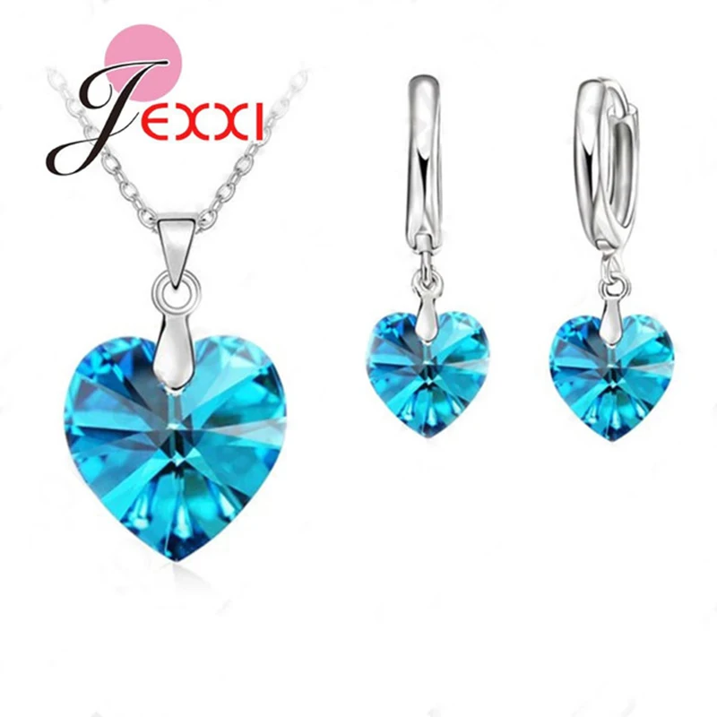 

Romantic Fancy 925 Sterling Silver Clear Ocean Blue Cubic Zircon Heart Pendant Necklace Earrings for Women Wedding Jewelry
