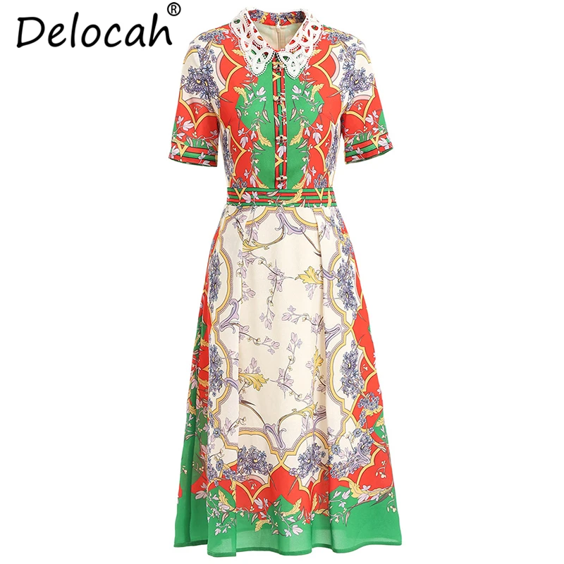 

Delocah New Runway Fashion Summer Dresses Women's Short Sleeve Floral Print Collect Waist Elegant Vintage Vacation Midi Dresses