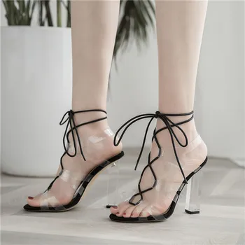 

YMECHIC Summer 2019 Fashion black Transparent Womens Shoes Cross Tied Ankle Strap Gladiator Sandals Women Clear Block Heels 39