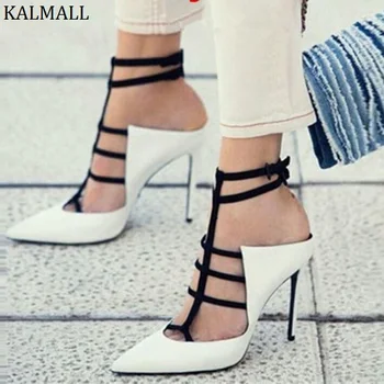 

KALMALL Red White Leather High Heels Party Shoes Sexy Pointed Toe T-Strap Women Pumps Ankle Buckle Stiletto Heels Women Sandals