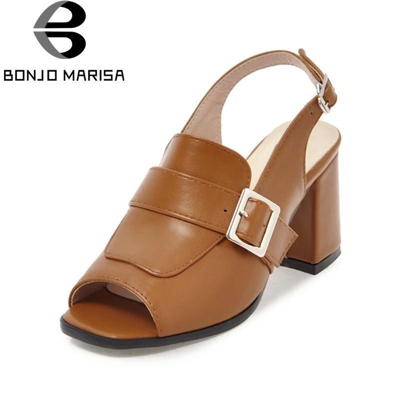

BONJOMARISA 2019 Fashion Large Size 33-47 Buckle Strap Peep Toe Pumps Woman Shoes Square High Heels Party Wedding Pumps
