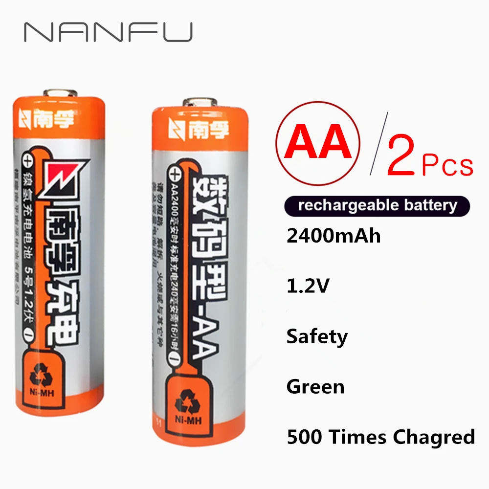 

NANFU 2 Pcs 2400mAh NIMH AA Rechargeable Battery 1.2v Batteries ni-mh 2A Battery for Digital Camera MP3 Toys Clock