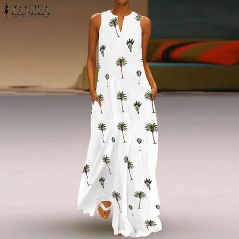 

2019 Summer Bohemian Dress ZANZEA Women Printed Long Robe Beach Dresses Plus Size Femme Long Maxi Vestidos Sarafans Sundress