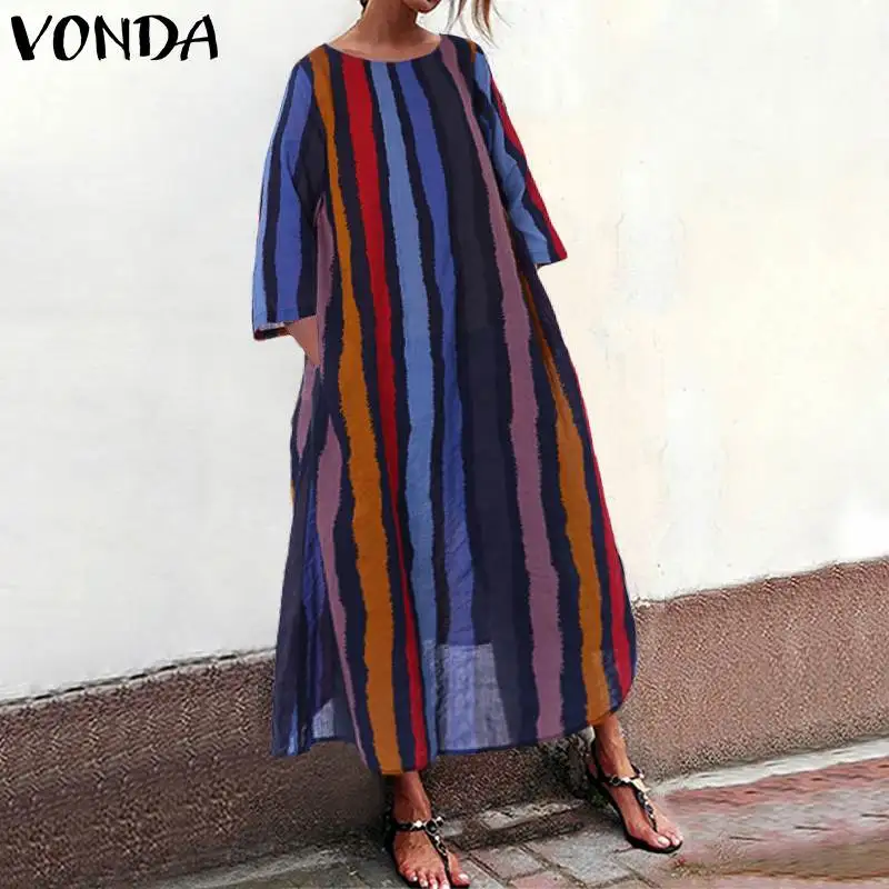 

Summer Maternity Dress VONDA O-Neck Striped Print Maxi Dresses Female Vintage Bohemian Beach Sleeveless Vestido Femme S-5XL