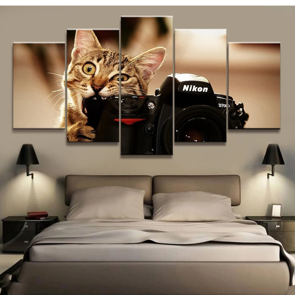 

Art Print Live Wall HD Poster 5 Pieces Cat And Camera Animal Canvas Tableau Frame Painting Modern Decoration Modular Picture