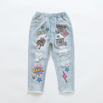 

Girls Ripped Jeans Spring Summer Fall Style 2019 Trend Denim Trousers For Kids Fashion Catoon Distrressed Hole Pants For 3-14Yrs
