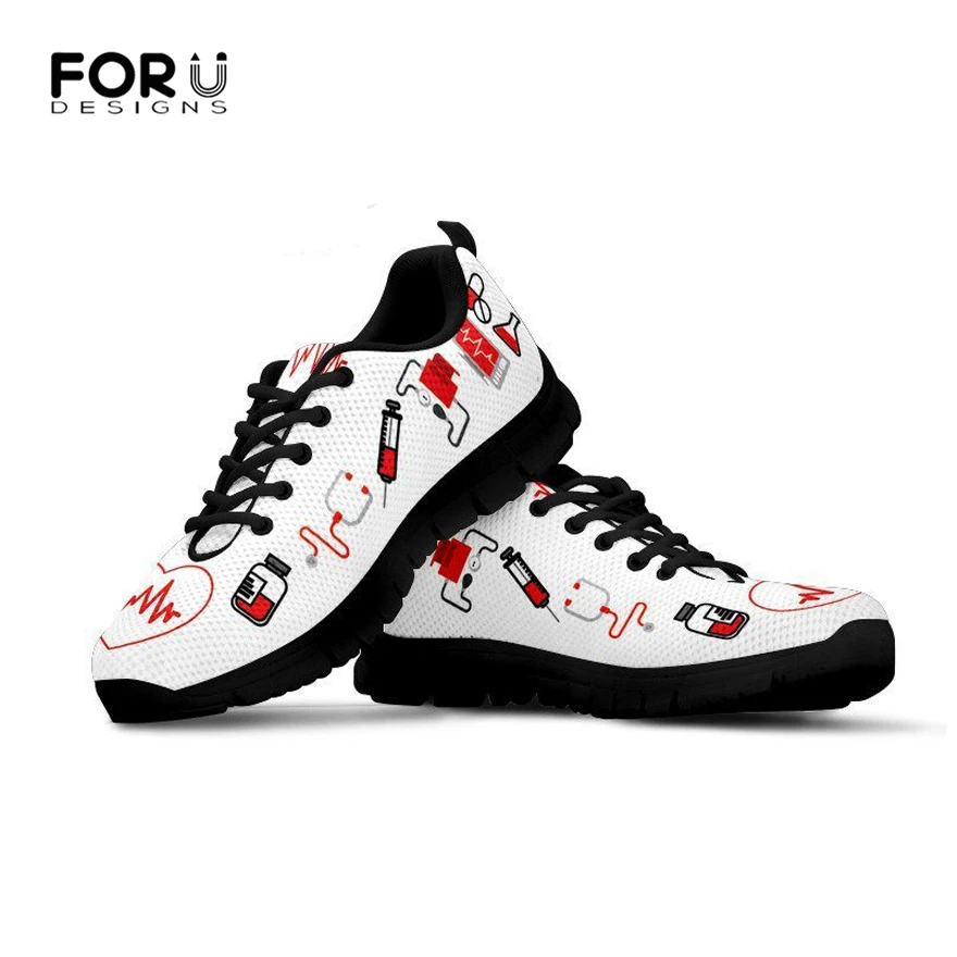 FORUDESIGNS Women Heart Nurse Shoes Printing for Work Woman Comfortable Nursing Mesh Sneakers Girls Black Flat Shoes Zapatillas