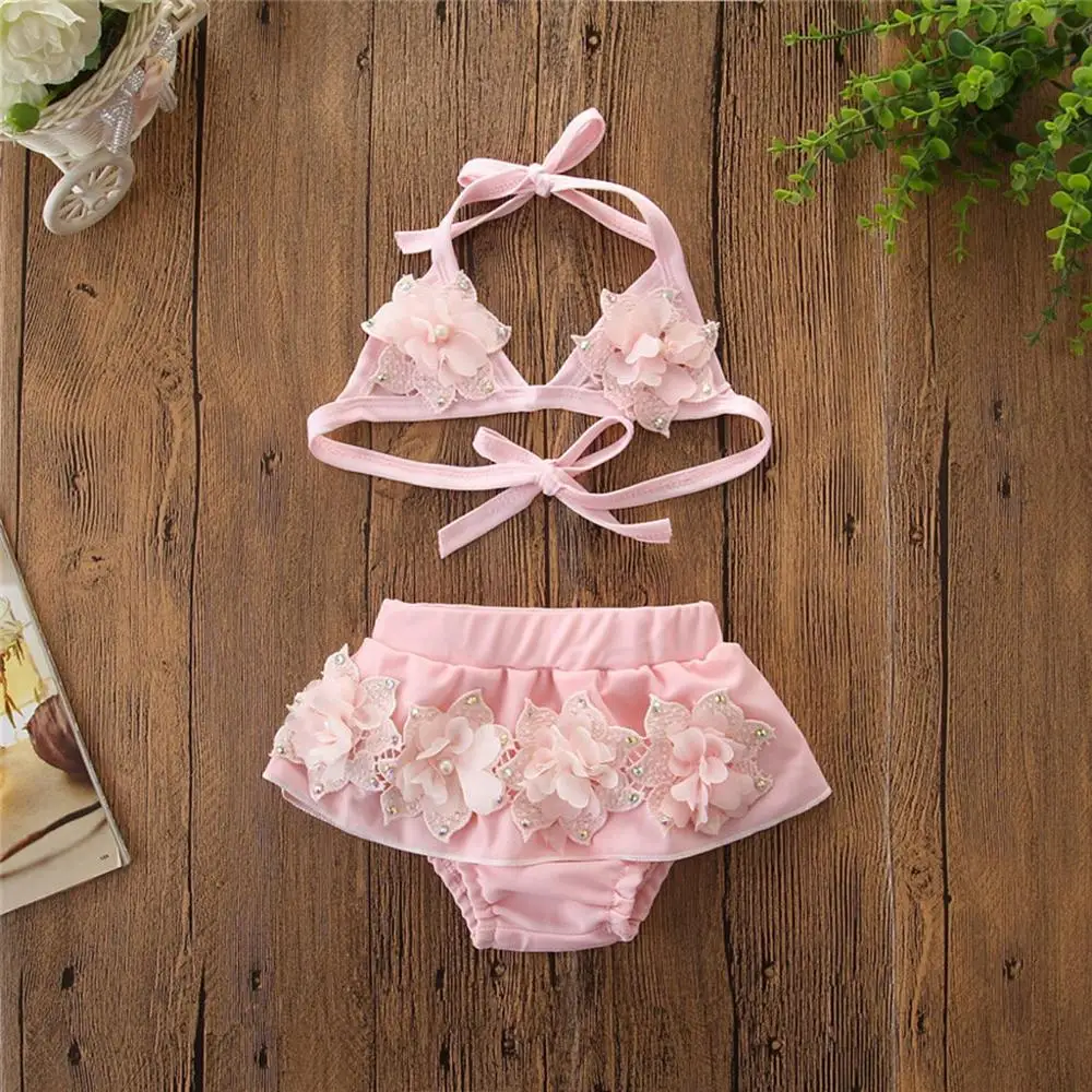 

Summer Toddler Bowknot Flower Swimwear Swimsuit Bikini Outfits 3D Flower Hanging Neck Tie With Split Swimsuit Girl Swimwear A1