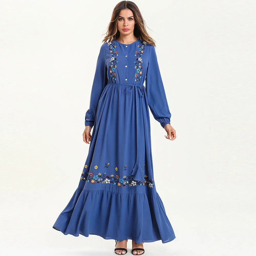 

Women Long Sleeves Spring Maxi Dress Floral Embroidery Pleated Long Dress Plus Size 4XL Ruffles Mermaid Paty Dress