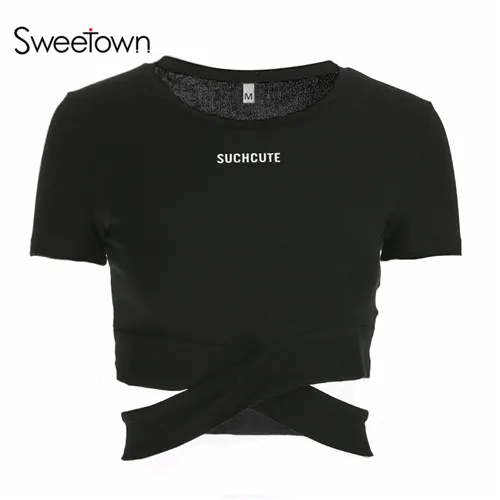 Sweetown Vogue, белый укороченный топ, футболка, женская, лето, черная футболка, Femme, фиолетовый, крест-накрест, открытая женская футболка, топы - Цвет: black