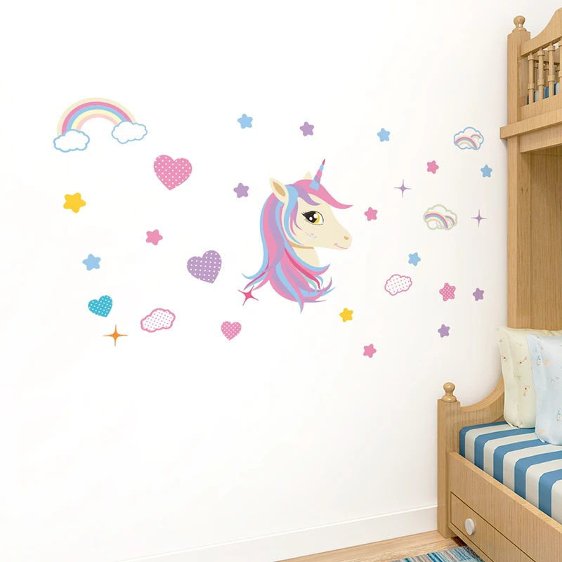 Cute Unicorn Rainbow Stars For Girls Room Decoration Accessories Home PVC Wall Decor Living Room Kids Room Mural Art DIY Decals