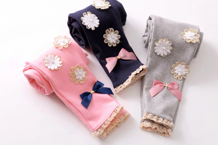 2018 Summer Kids Children Cotton Pink Gray Navy Blue Full Length Capri With Bow Flower Foral Lace Baby Girl Leggings Children (15)