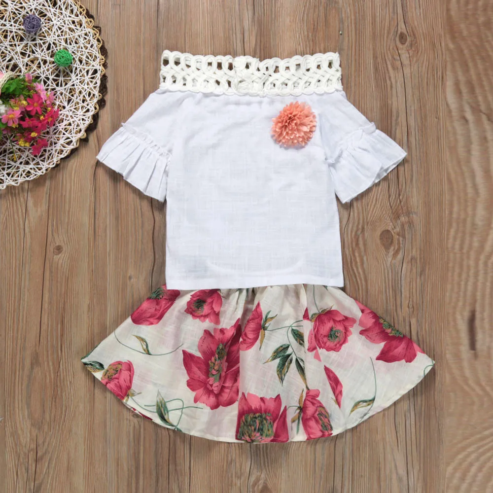Топ с расклешенным воротником, короткая юбка с принтом Новая детская рубашка с короткими рукавами для маленьких девочек комплект с юбкой с цветочным рисунком, летнее платье, F4
