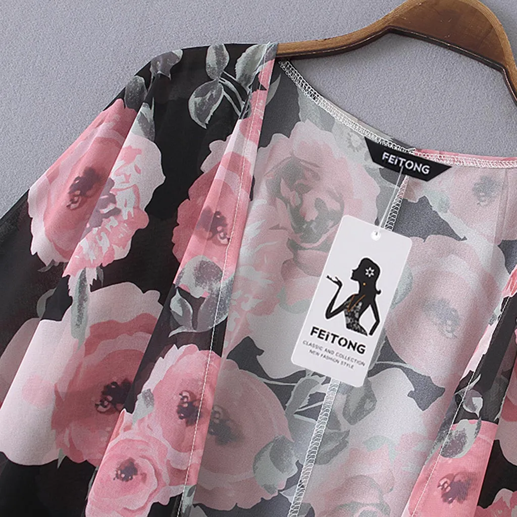 Lâche Taille Dames Floral pt Châle Grande Mousseline Top Beachwear En Imprimé Cover Vêtements Femmes Blouse Longue Up Rose D'été Décontracté Kimono ZgOdqgy