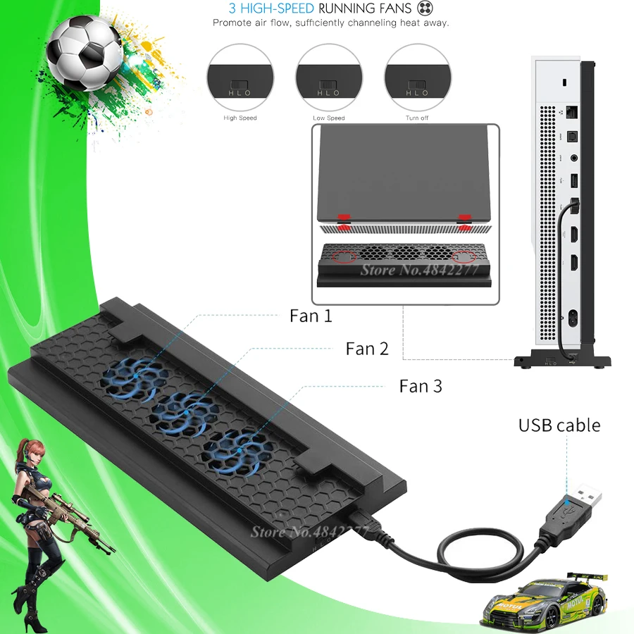 Game Console Fast Cooling Fan Cooler Vertical Stand 3 Fans High Speed 2-Port USB Charging Dock for Xbox One Slim Controller